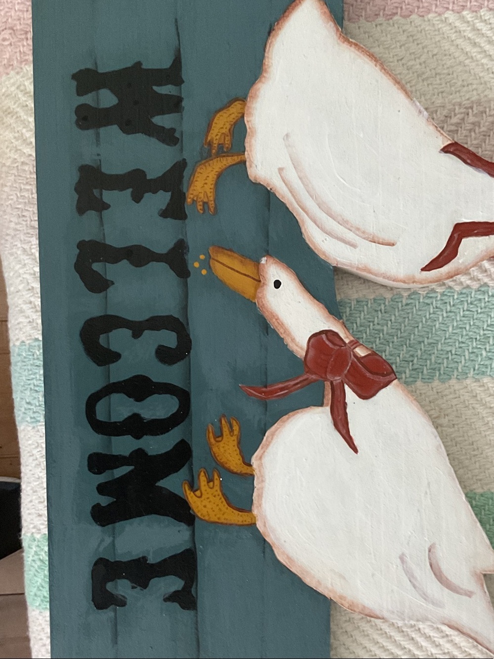 Vintage Welcome Ducks Wooden Wall Sign in Teal with White Ducks  Porch Goose. - Picture 4 of 5